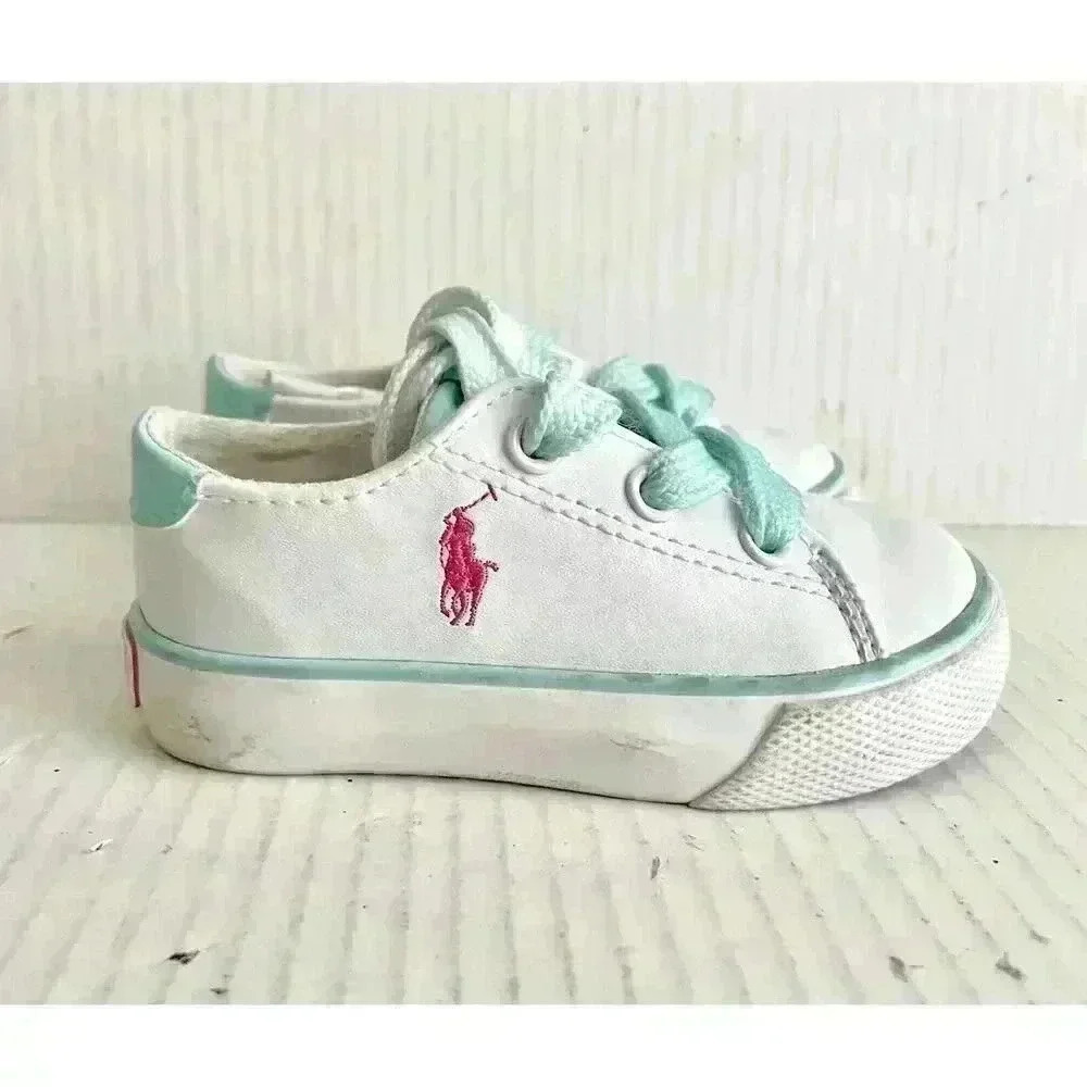 POLO Ralph Lauren Infant Leather Sneakers Shoes Size 5 White Pink Pony‎